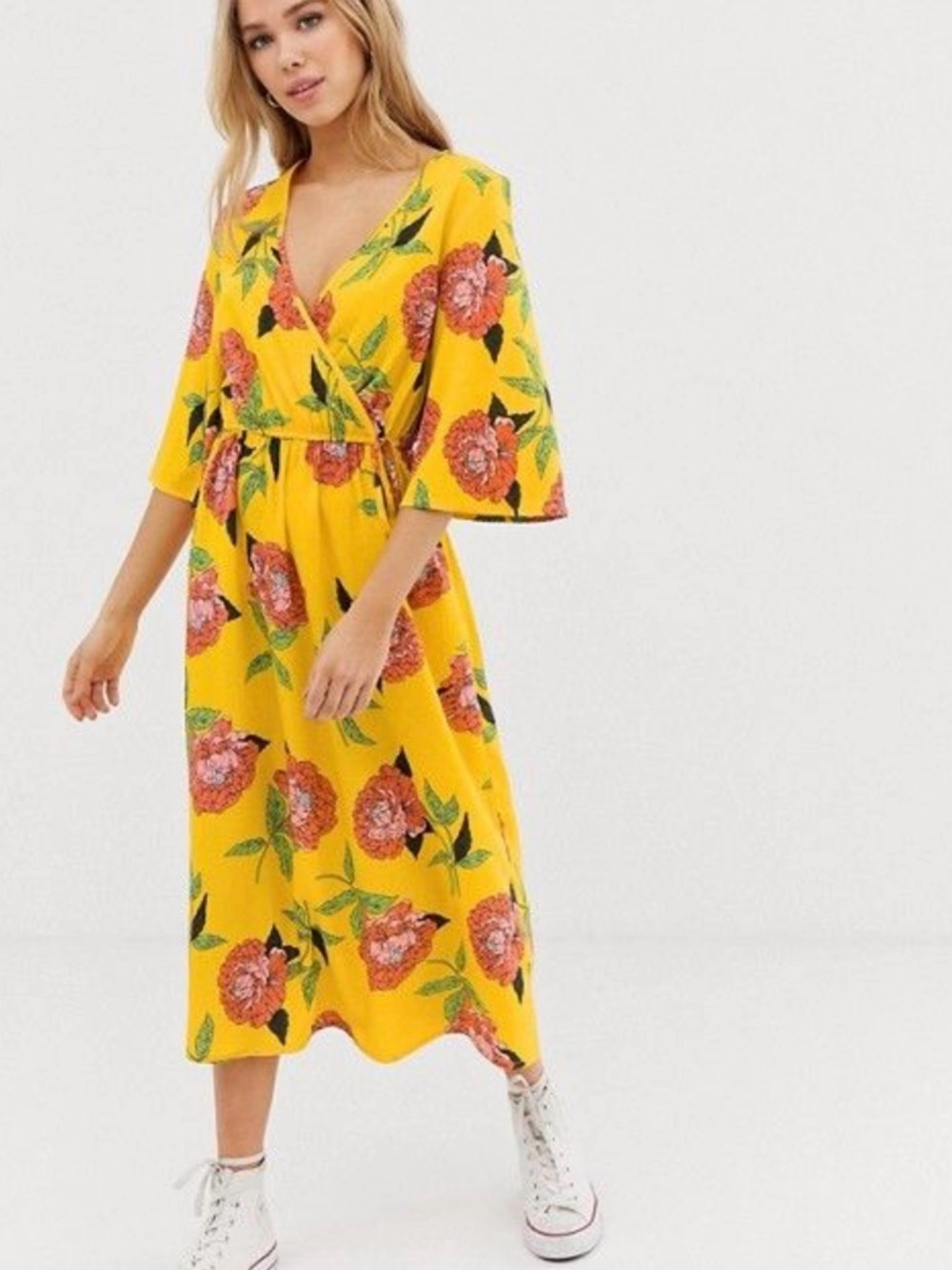 ASOS Floral Yellow Midi Wrap Dress